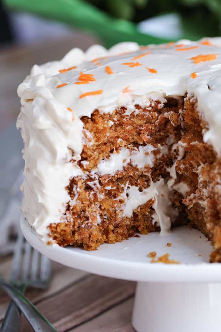 A close up of a cake on a plate, with Carrot cake