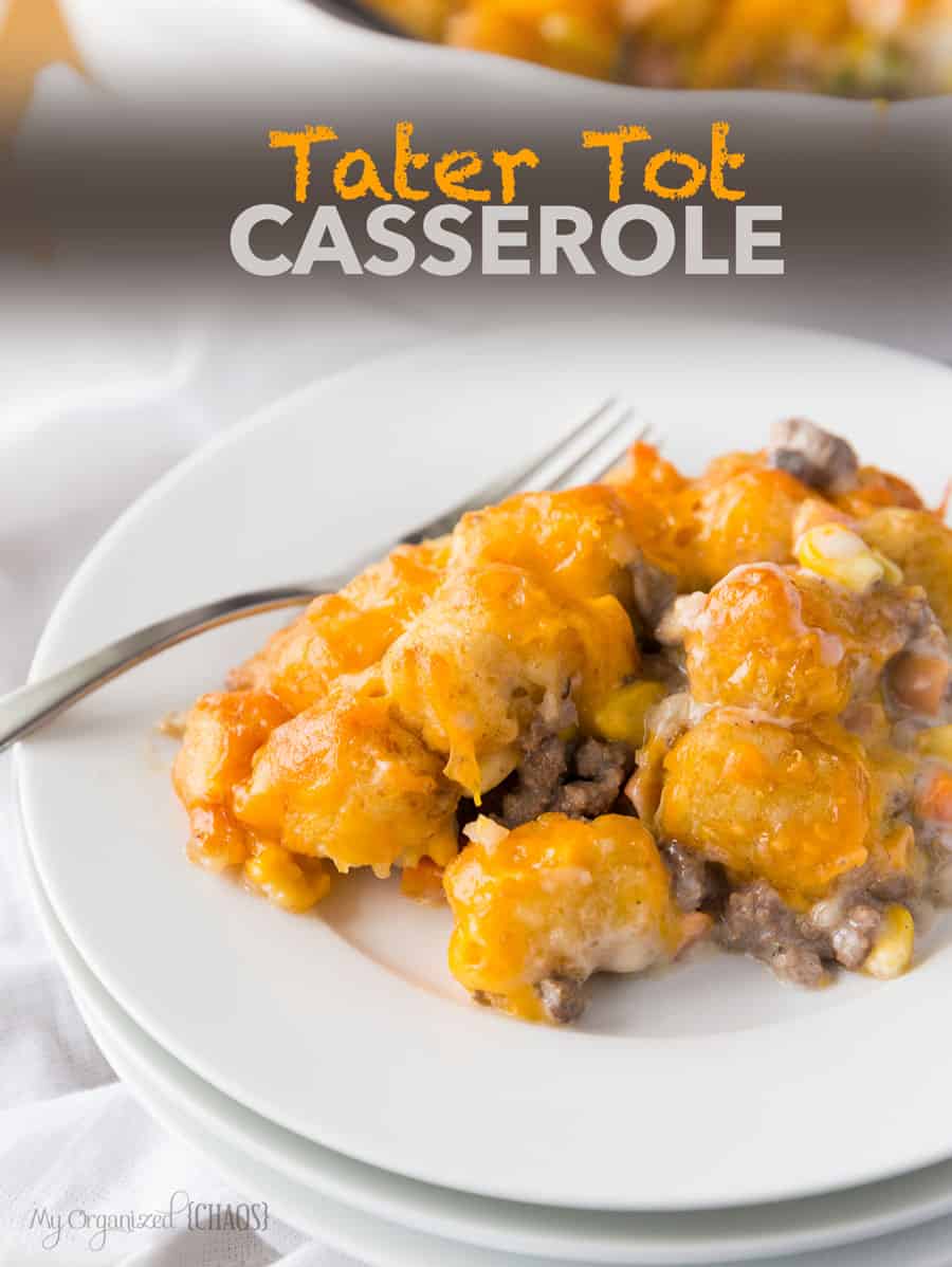 A plate of food, with Tater tot casserole