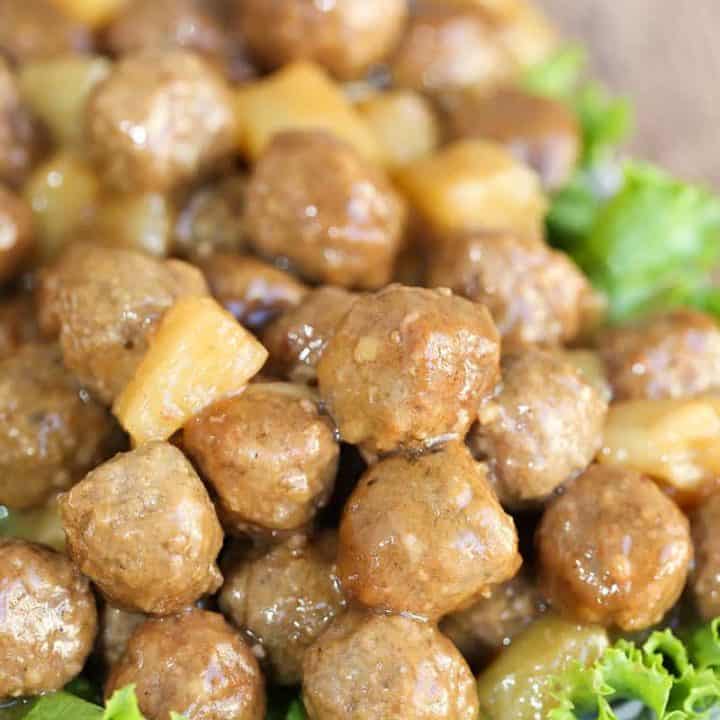 A plate of food, with Meatball and Slow Cooker