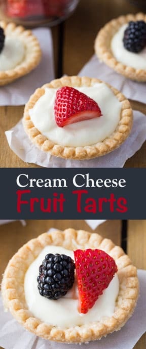 Mini Cream Cheese Fruit Tarts with fresh berries on top.