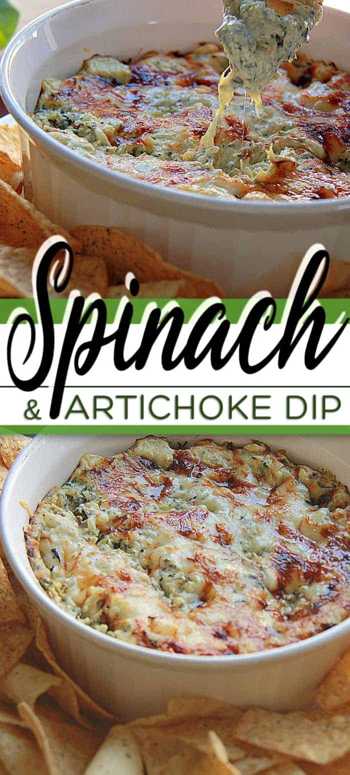A bowl of food on a table, with Spinach and Artichoke dip