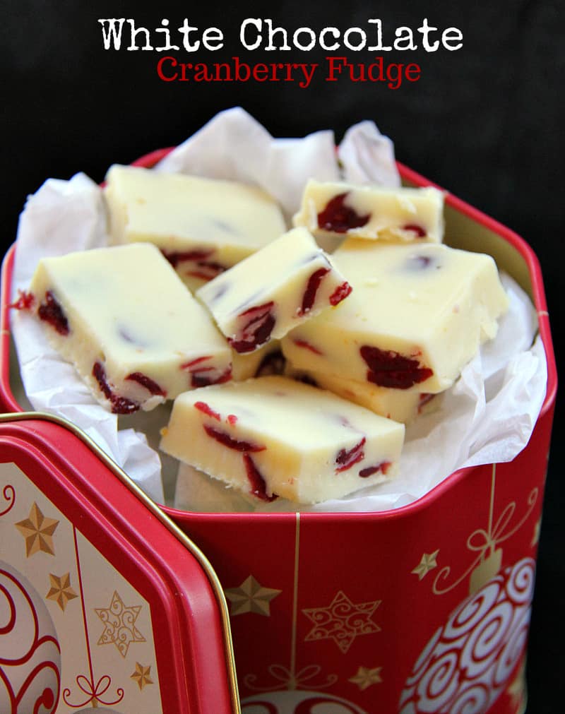 a tin of chocolate and cranberry christmas fudge
