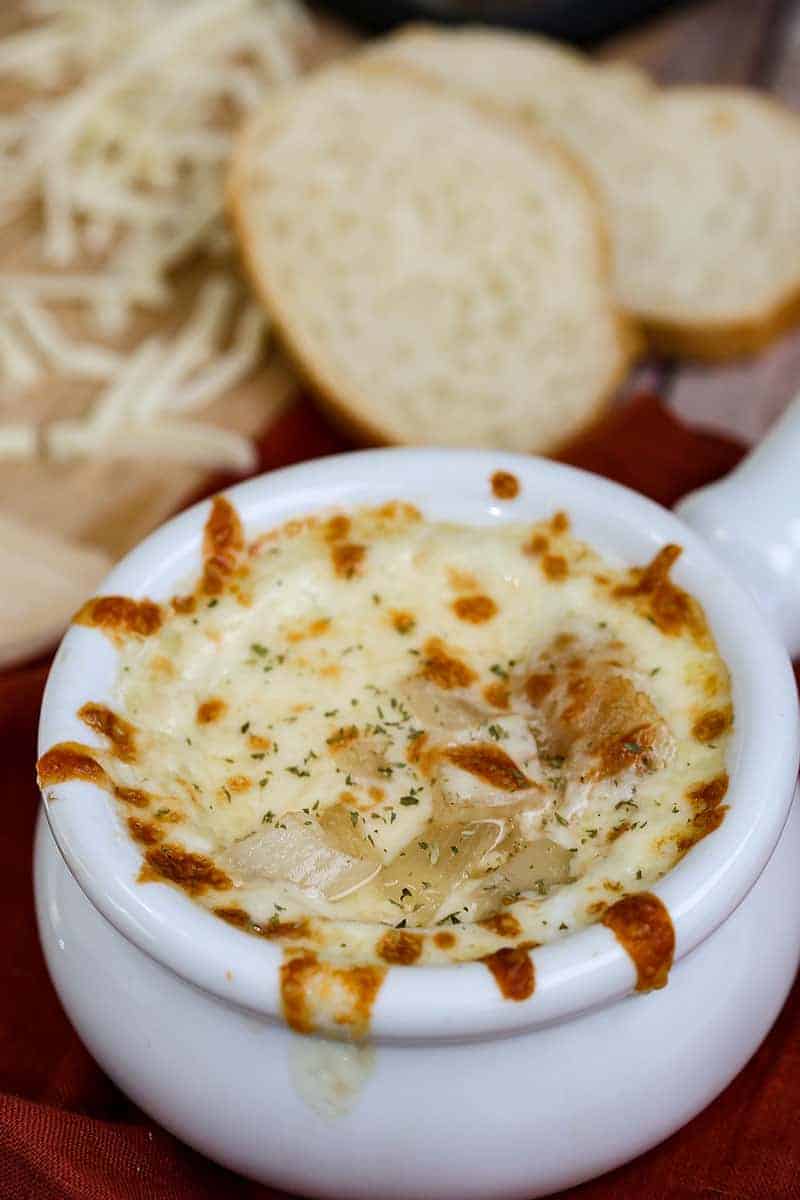 A close up of food, with french onion soup