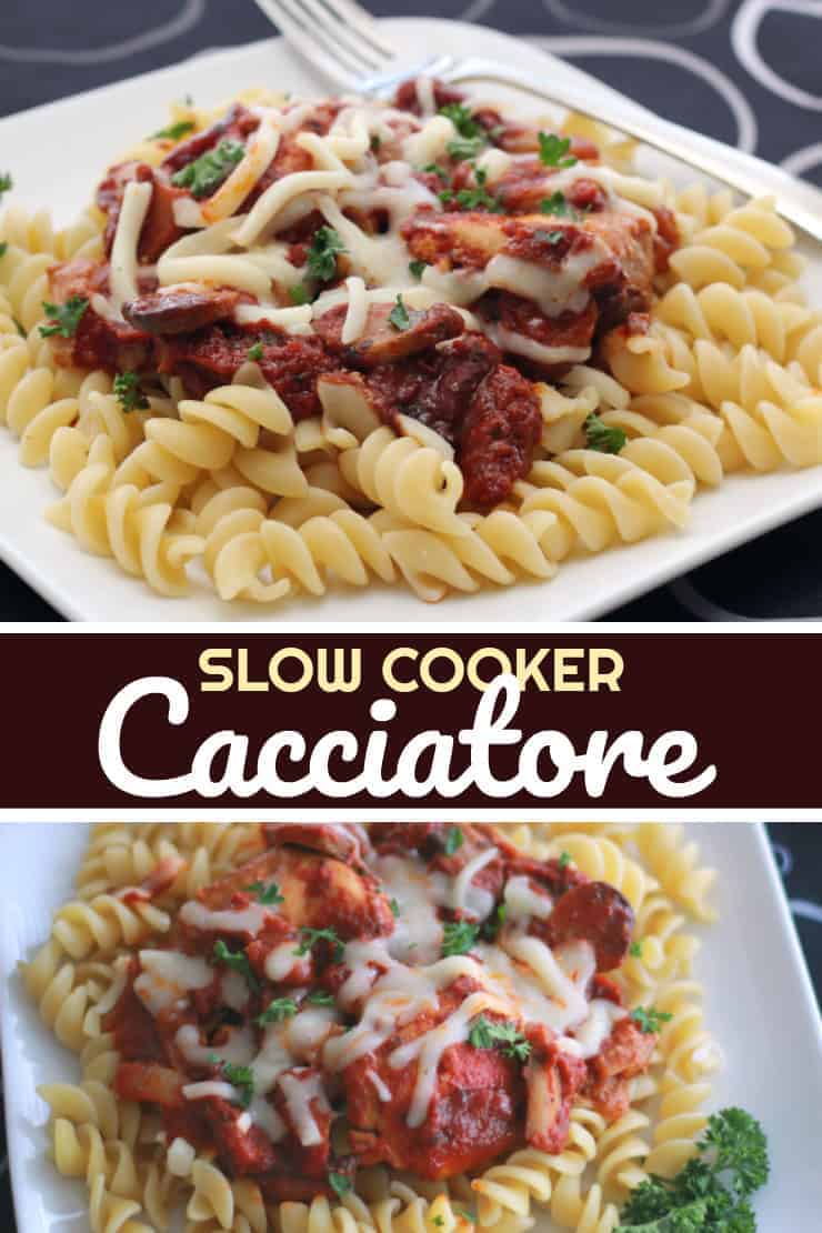 This Slow Cooker Cacciatore recipe is pasta, chicken, cheese, italian spices ... Score! The scent and taste is phenomenal - one of my favourite slow cooker pasta recipes of all time! 