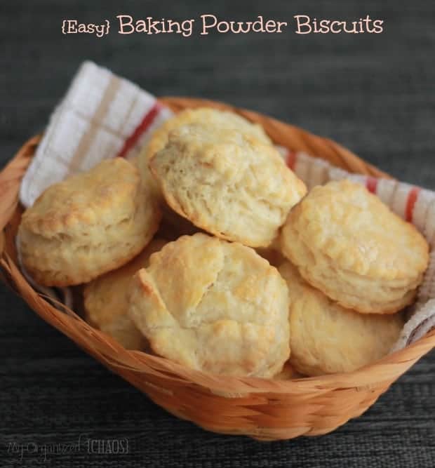 Food on a table, with Baking Powder Biscuits