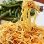 A close up of a plate of pasta, with Chicken and Spaghetti