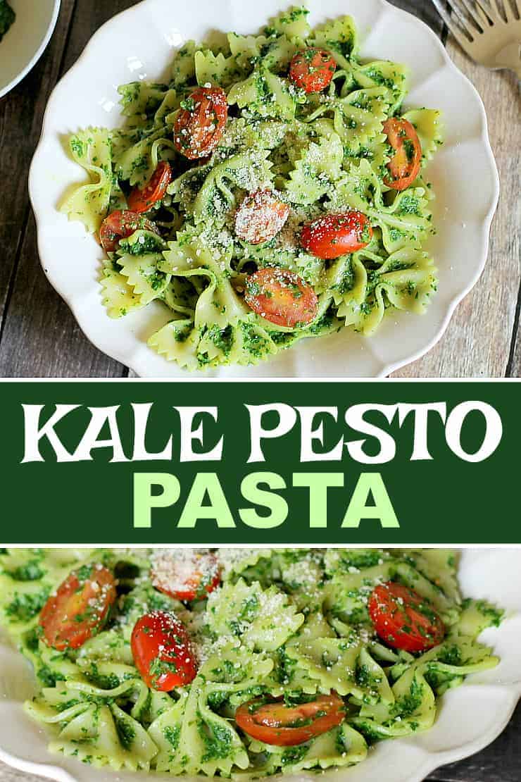 Healthy Kale Pesto Pasta is a dish that hides the fact that it's good for you. The pasta and cheese are welcoming, and the cheery tomatoes divine!
