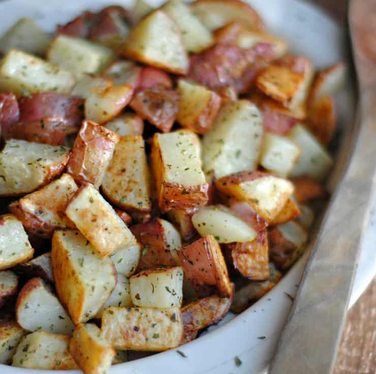 A close up of food, with Red potatoes