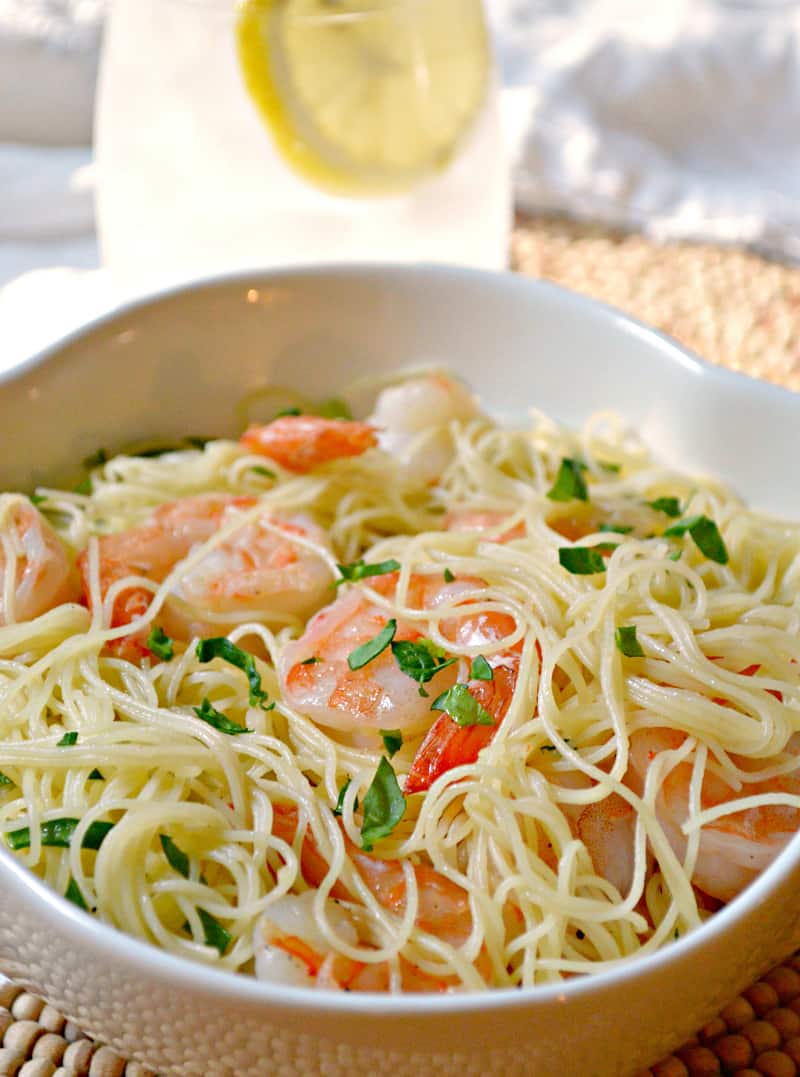 A bowl filled with pasta and vegetables, with Shrimp and Garlic