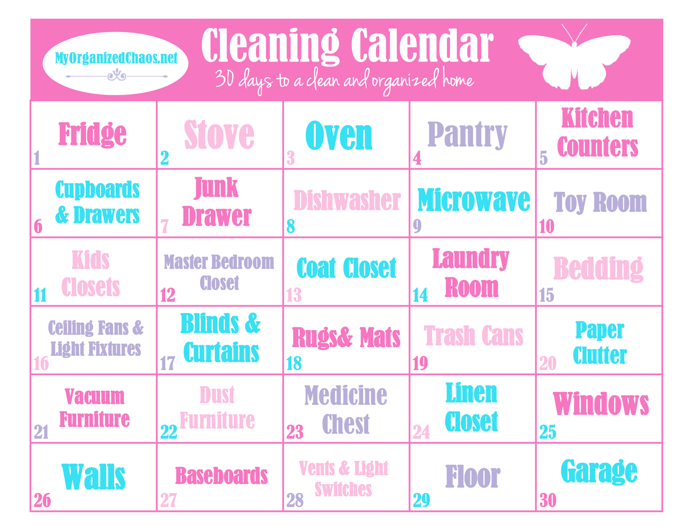 daily cleaning printable calendar. 