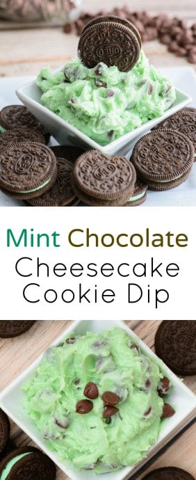 green dessert dip with chocolate dips in a bowl with a whole oreo cookie placed on top.