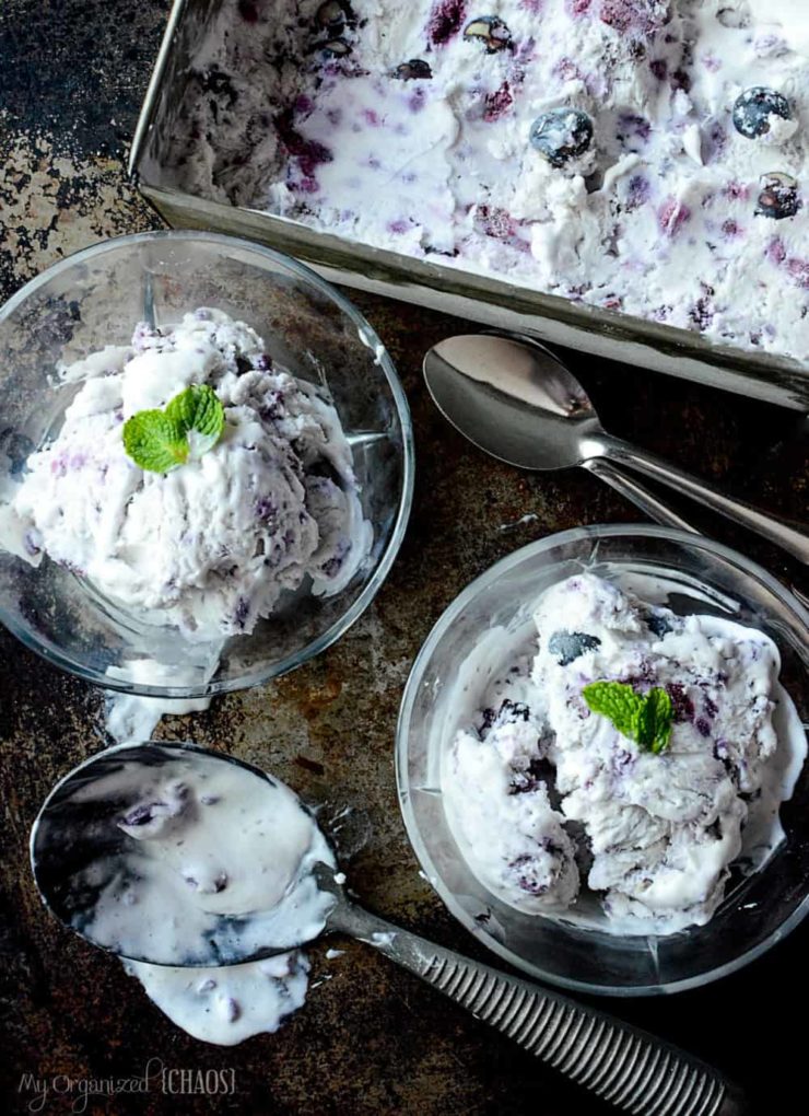 food on a table, with. Blueberry ice cream