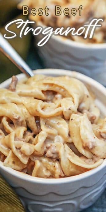BEEF STROGANOFF in a bowl and fork with text