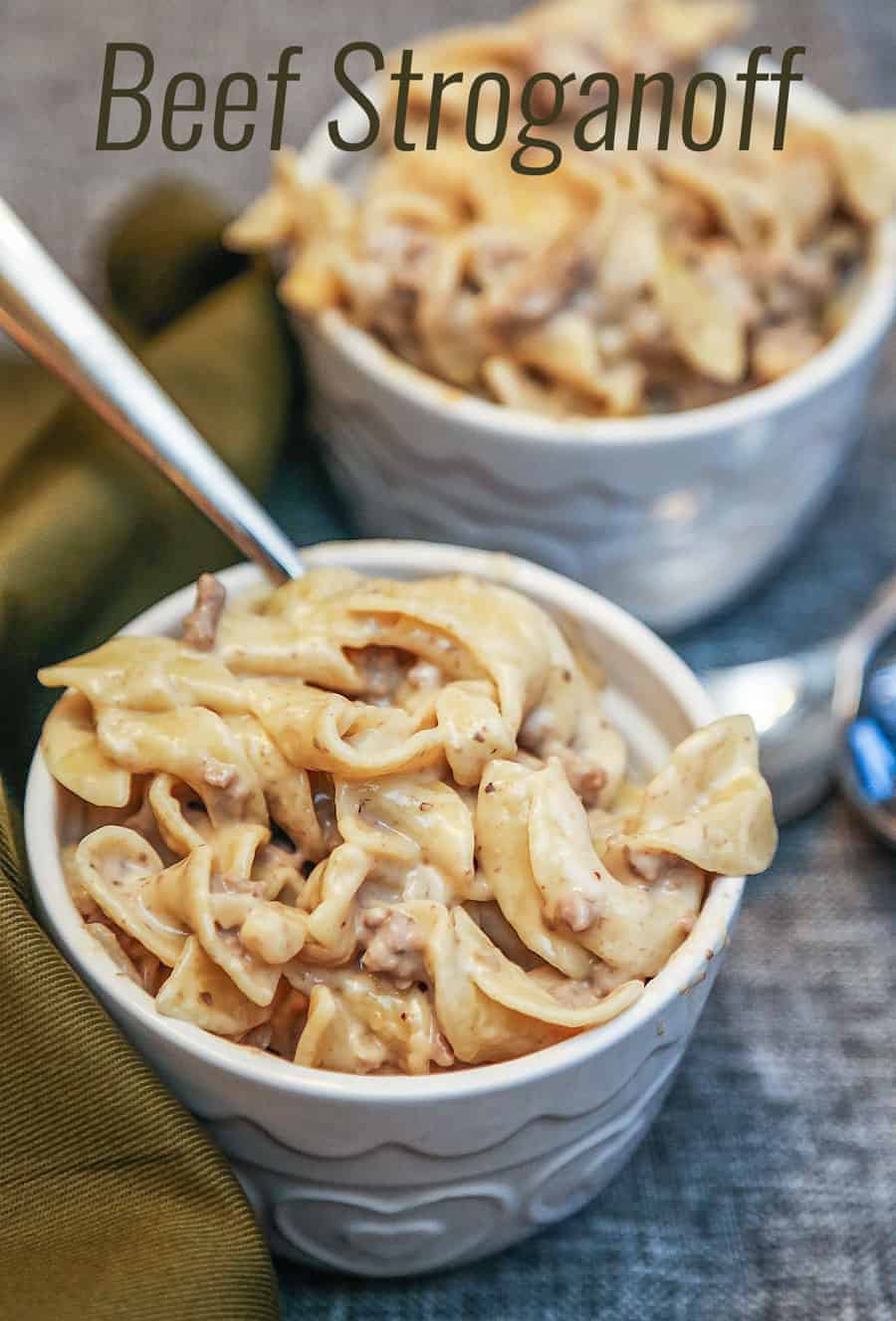 A bowl of food, with Beef Stroganoff