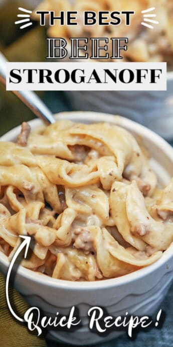 BEEF STROGANOFF in a bowl with text