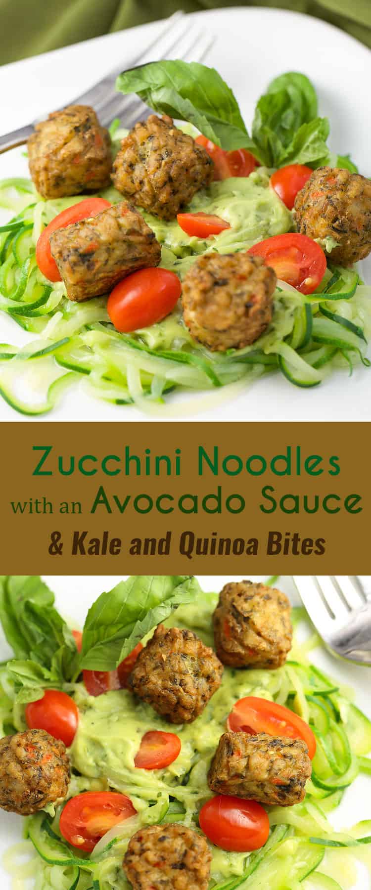 Zucchini Noodles with an Avocado Sauce and Kale and Quinoa Bites