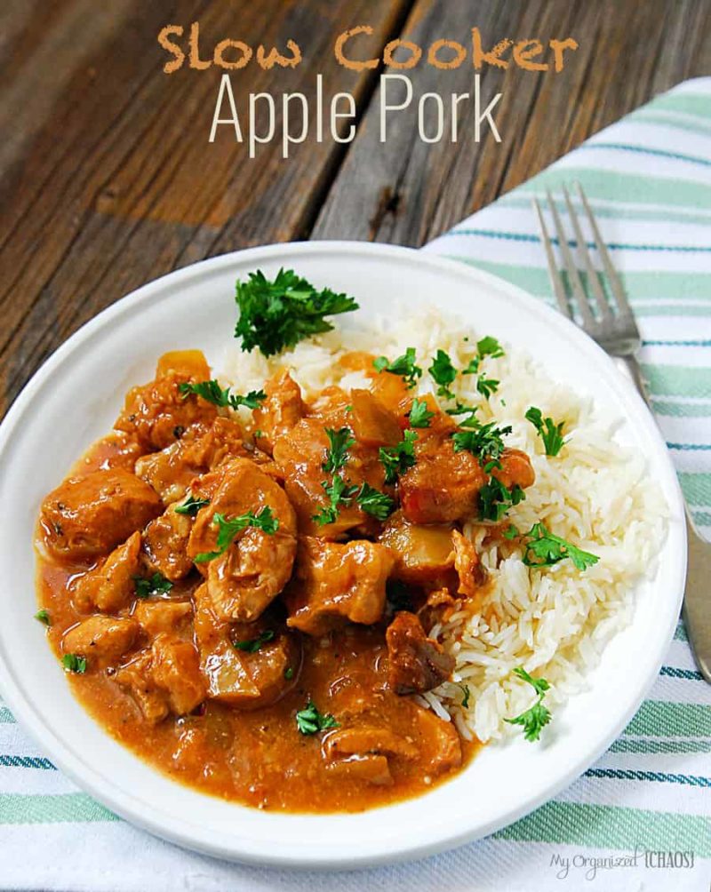 A bowl of food on a plate, with Pork and Slow Cooker