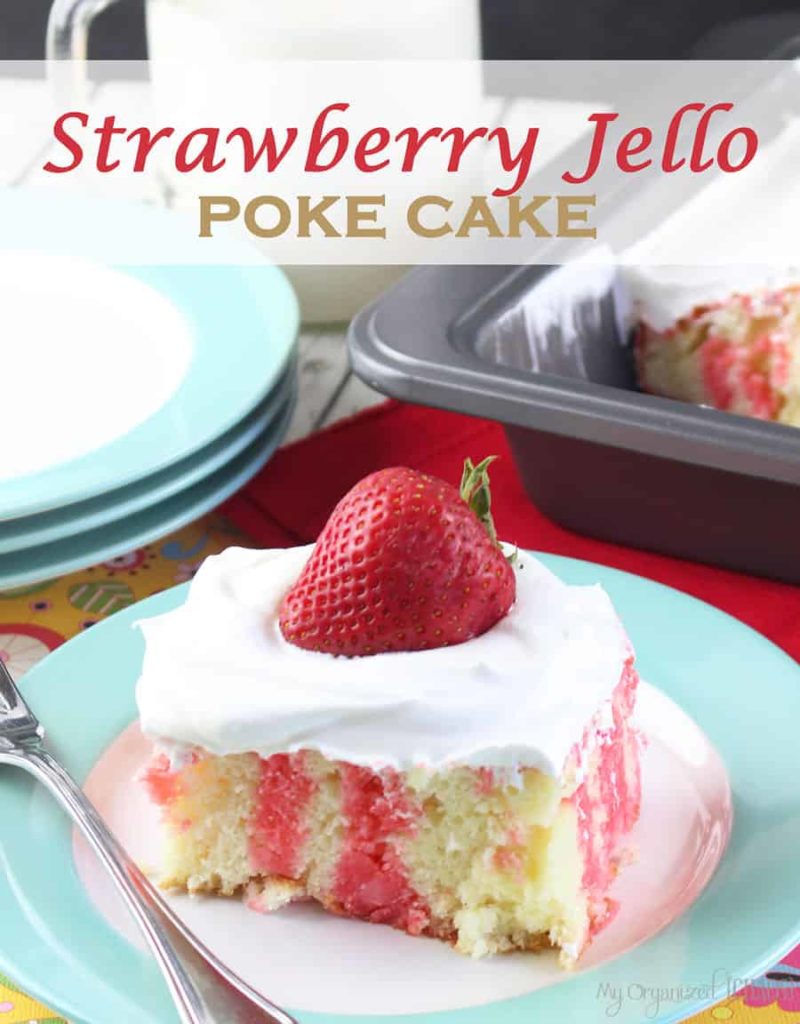 A slice of cake on a plate, with Strawberry and Poke Cake