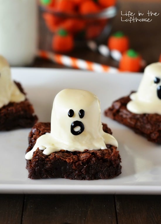 A close up of a piece of chocolate cake on a plate, with Ghost and Marshmallow