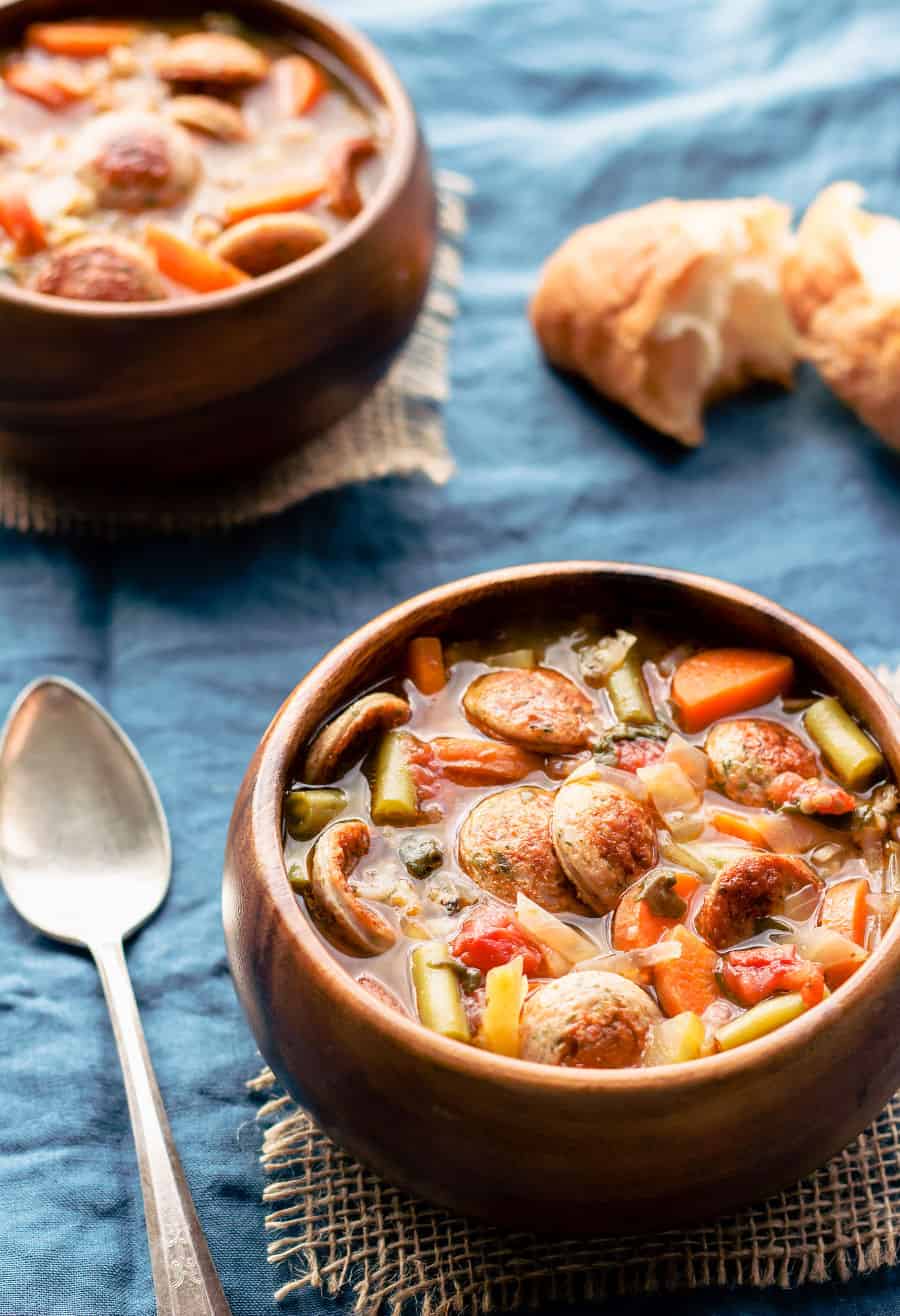 Delicious and healthy Tuscan Barley Soup - full of vegetables and low-fat turkey sausages, it's very easy to make and ready within 60 minutes.