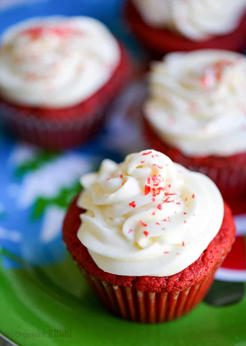 A close up of a slice of red cupcakes