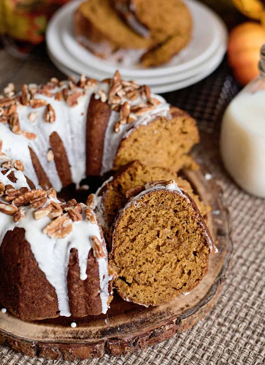 A piece of cake on a plate, with Pumpkin and Bundt cake