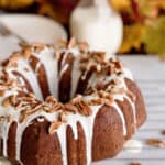 A close up of a cake on a plate, with Pumpkin bundt cake