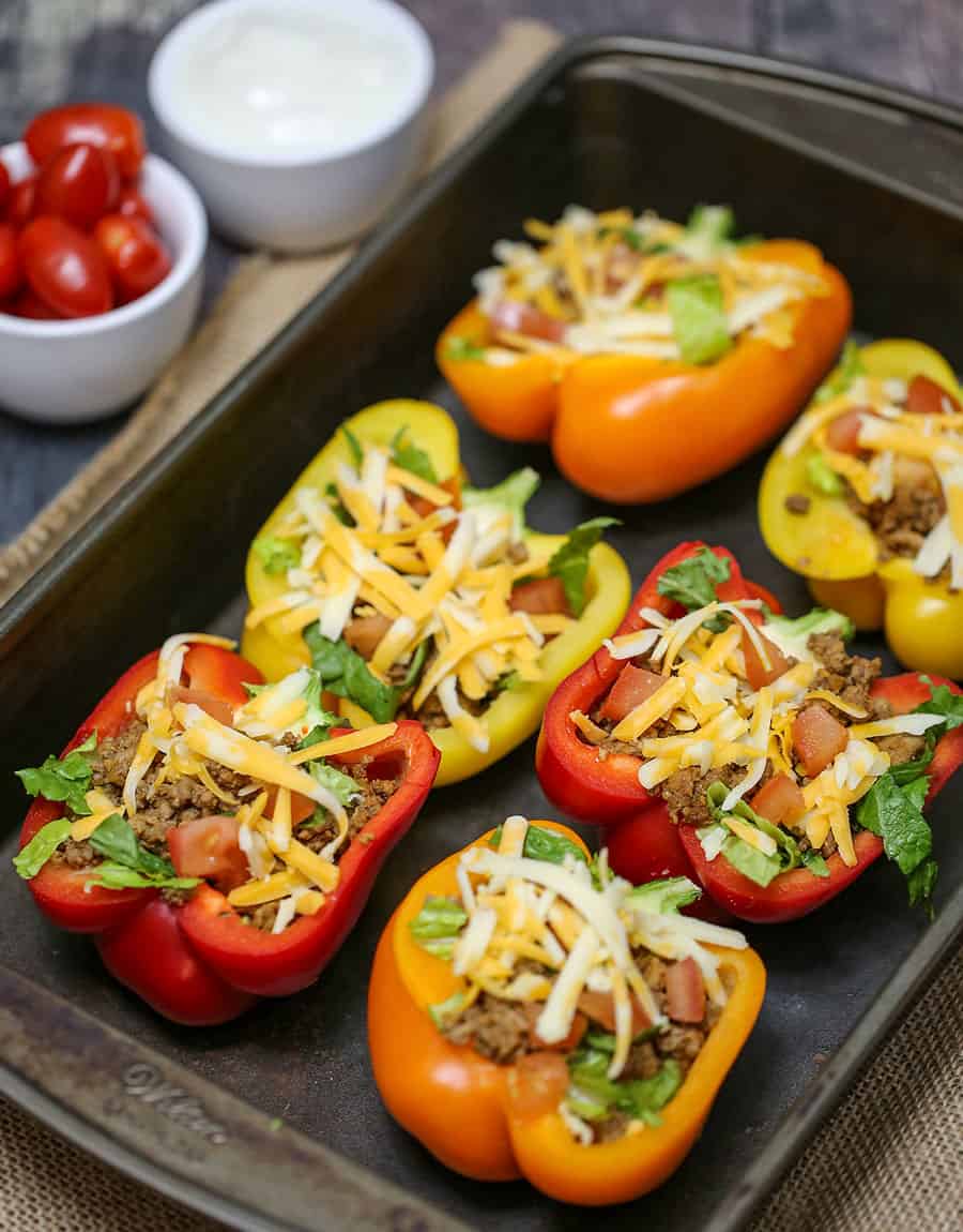 A tray of food, with Taco and Bell Pepper