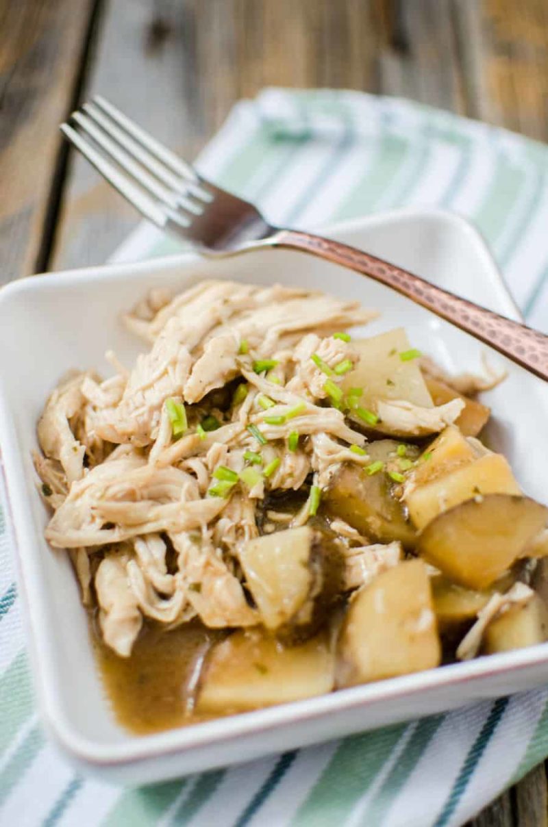 A plate of food with a fork, with Chicken and Slow Cooker