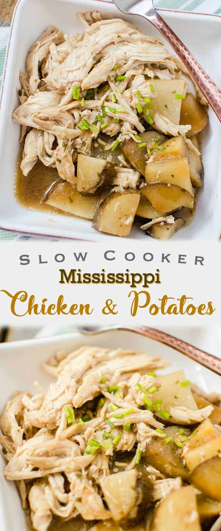 The star ingredients of this Slow Cooker Mississippi Chicken and Potatoes recipe is butter, ranch dressing mix and au jus - such a tasty flavour combination. I love it because it's a true delicious slow cooker meal.