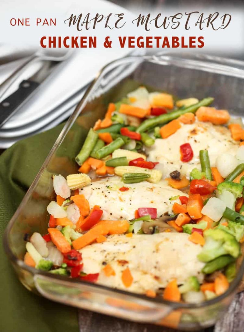 One Pan Maple Mustard Chicken and Vegetables is a marinated chicken breast recipe using two key ingredients: dry mustard and maple syrup. It's a nice flavour combination! The mixed vegetables sides are roasted along with the chicken, making it a one-dish meal. 