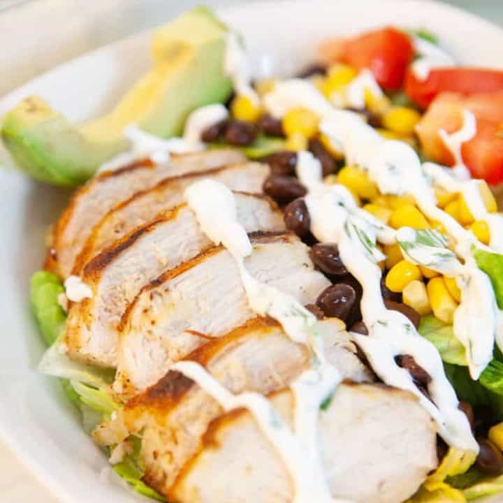 A close up of a plate of food, with Chicken and Salad