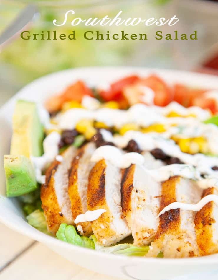 Southwest Grilled Chicken Salad is light, healthy and fresh - full of vegetables and topped with warm spicy chicken, avocado and a creamy cilantro dressing.