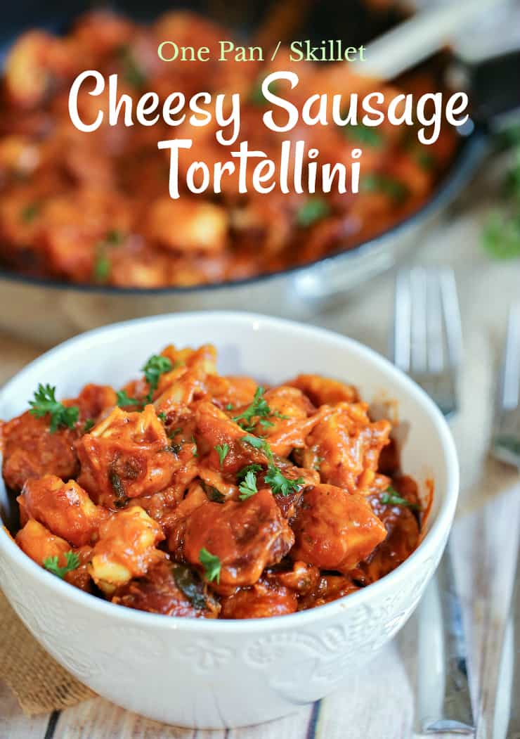 This One Pan Cheesy Sausage & Tortellini Skillet is a quick and delicious meal that uses just few ingredients. The whole family will love this easy Italian dish, which is so perfect for those busy weeknights.