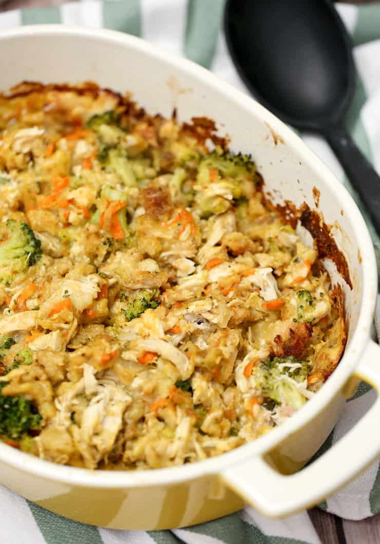 This Chicken Stuffing Bake recipe is a hassle-free 45 minute meal. With chicken, stuffing, broccoli and a few other simple ingredients - it's so comforting. 