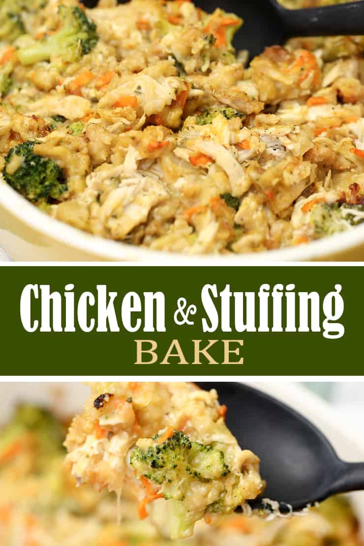 A dish is filled with food, with Stuffing and Chicken