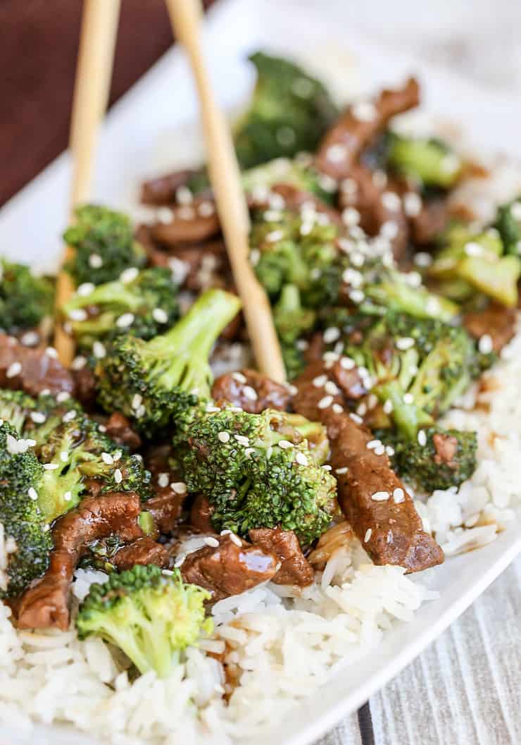 A plate of food with broccoli, with Beef 