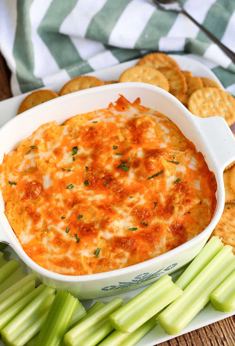 A plate of food on a table, with Buffalo chicken dip