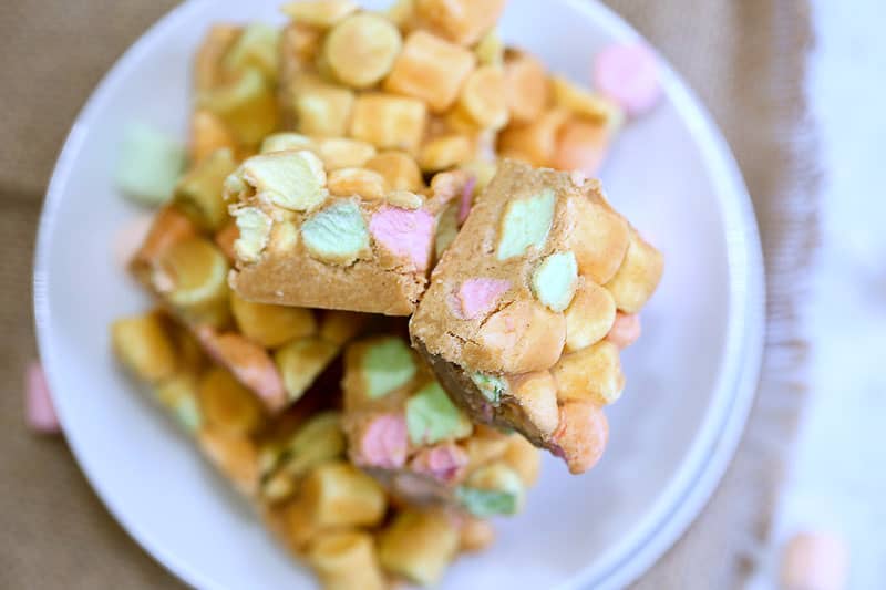 A close up of food on a plate, with Confetti Squares and Marshmallow