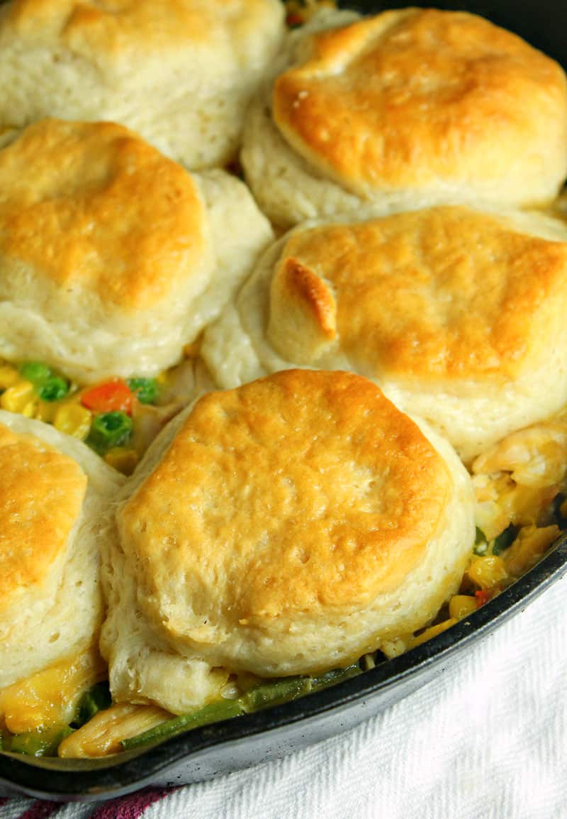 A dish is filled with food, with Chicken pot Pie