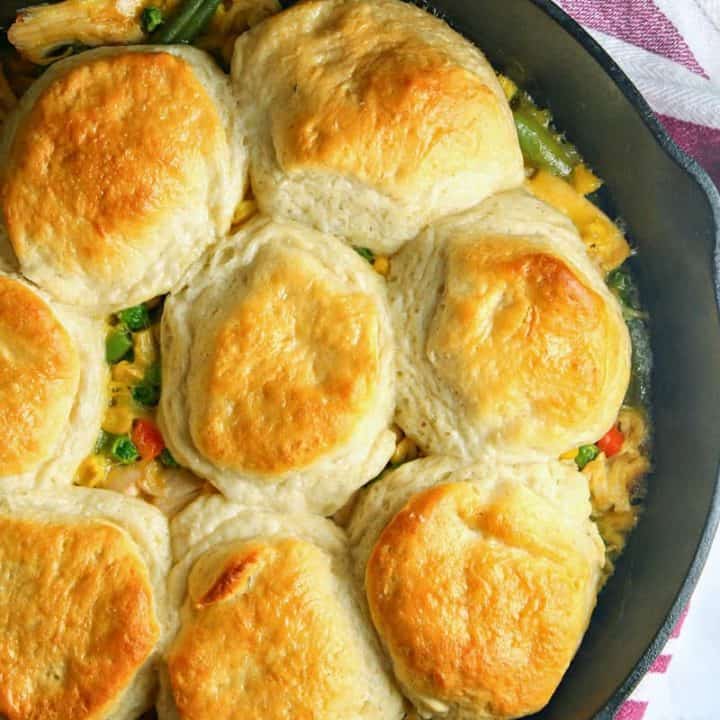 A pan of food on a table, with Chicken pot Pie