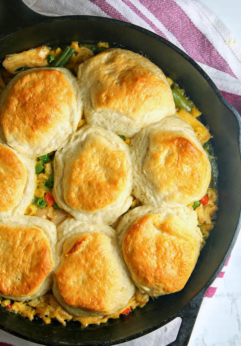 A pan of food on a table, with Chicken pot Pie