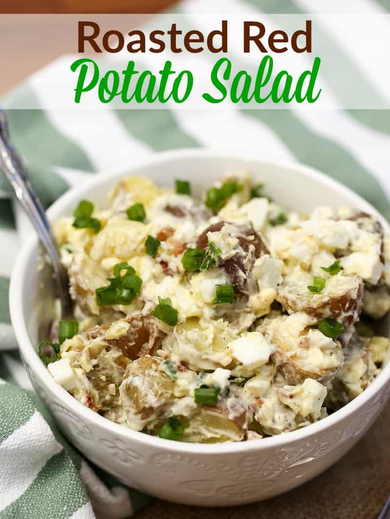 A bowl of food, with Red potato salad