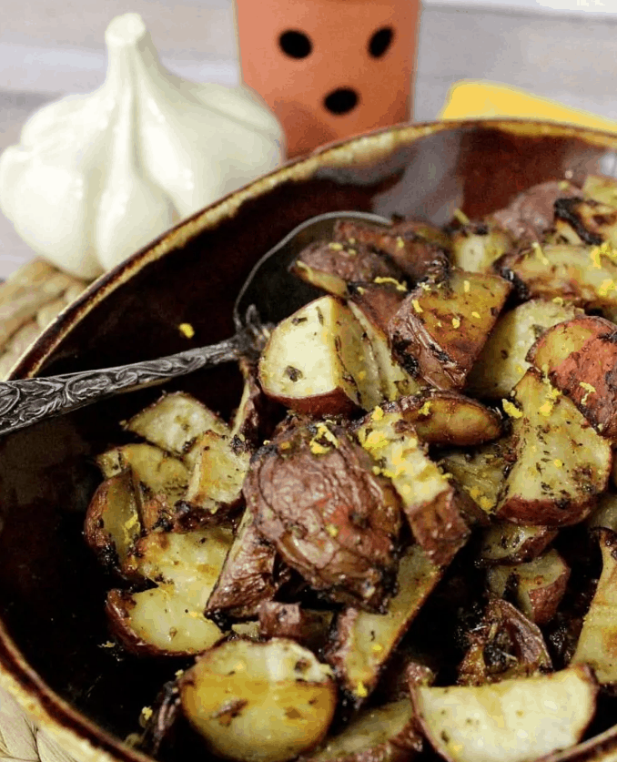 A dish is filled with food, with Red Potatoes