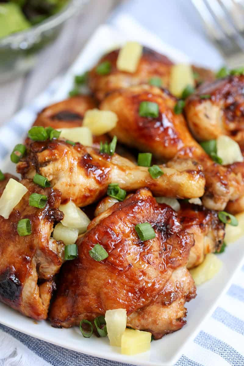 A close up of a plate of food, with Hawaiian Chicken