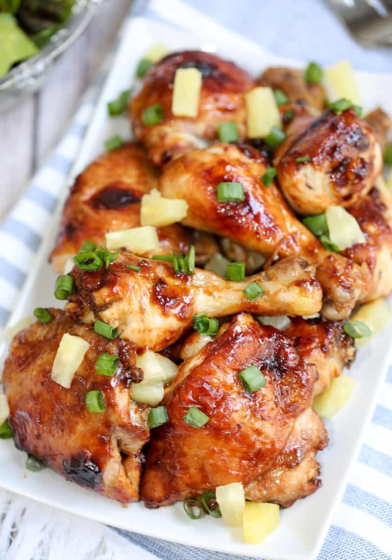 A close up of a plate of food, with Chicken and Pineapple