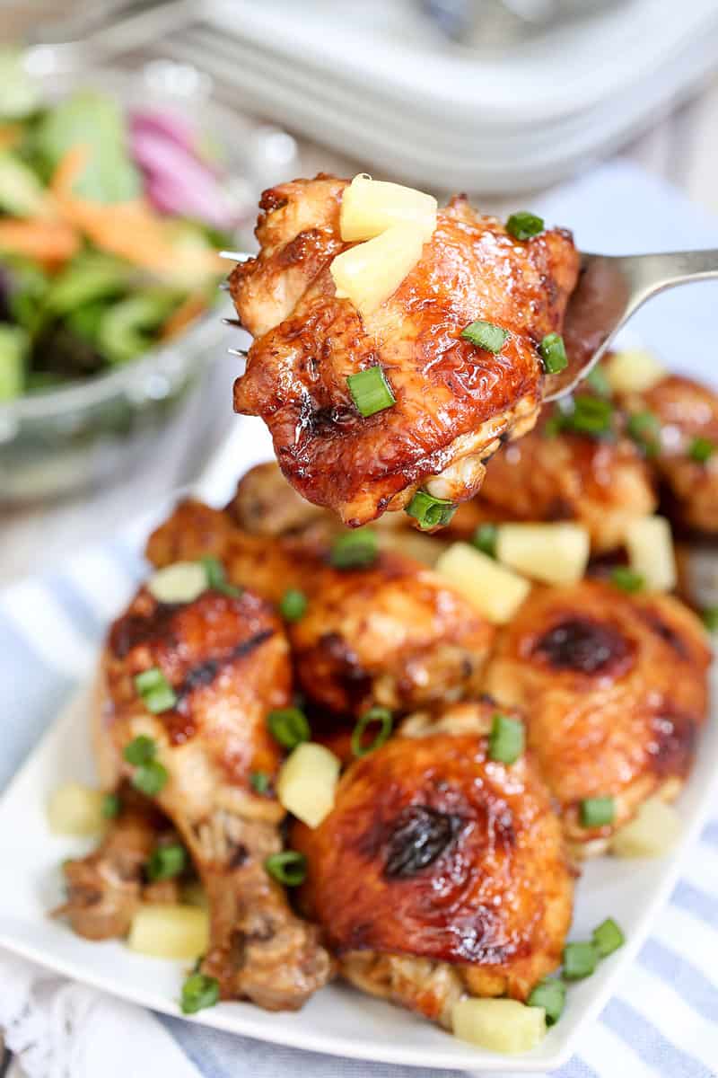 A close up of a plate of food, with Hawaiian Chicken