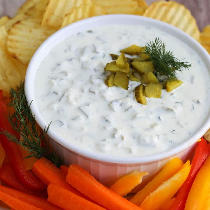 A plate of food on a table, with Dill Pickle Dip