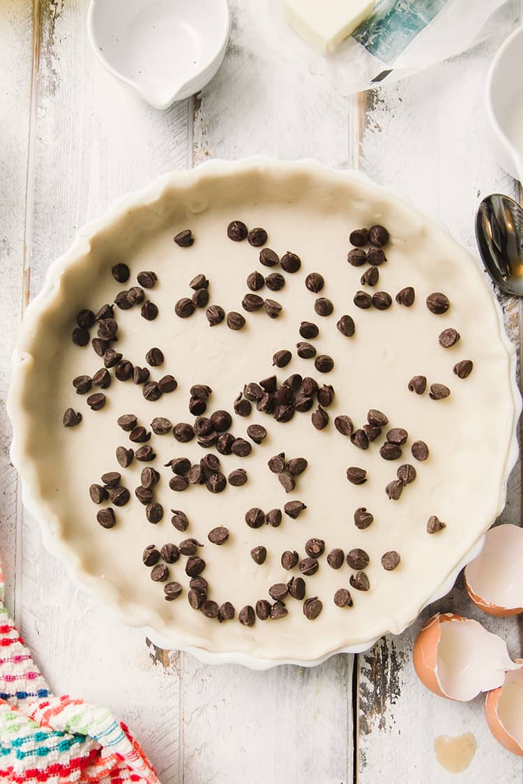 chocolate chips sprinkled in a pie shell