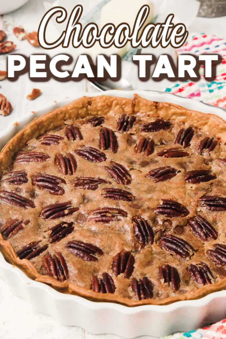 a whole pecan tart with text